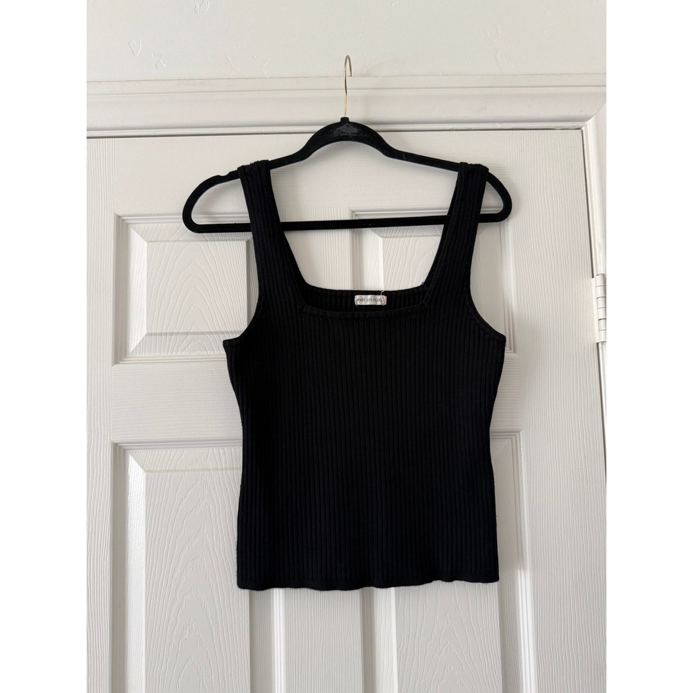 avec les filles black ribbed knit square neck tank top, women size xx-large